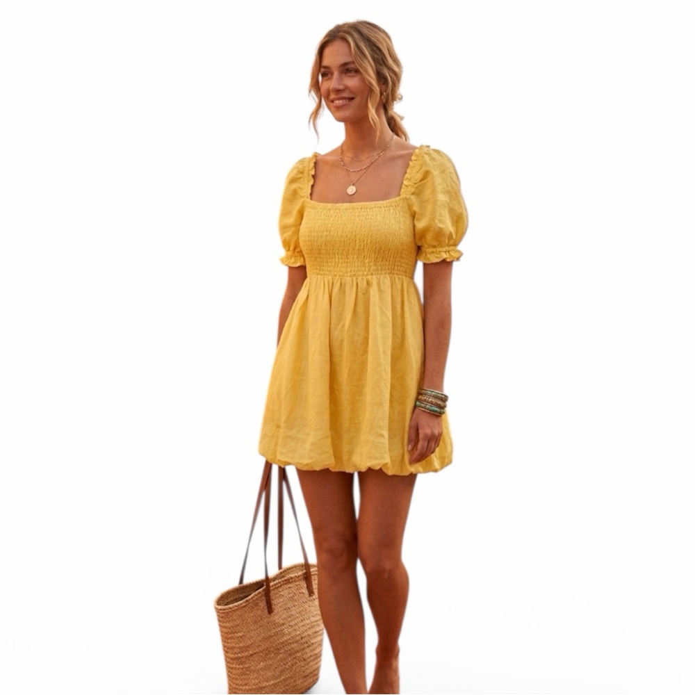 House of Harlow Smocked Mini Dress M Yellow 100% Linen Short Sleeve Summer